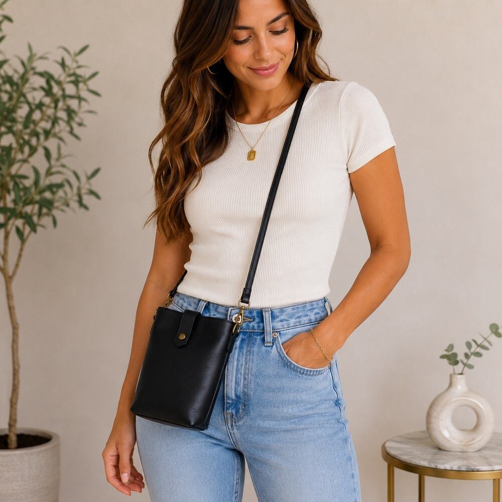 Minimalist Black Crossbody Bucket Bag